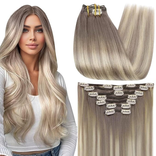 Full Shine Clip on Hair Extensions Human Hair 16 Inch Balayage Grey to Platinum Blonde Clip in Extensions for Women Grey Blonde Hair Extensions 7 Pcs 120 G