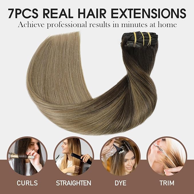 VINBAO Thicker Clip in Hair Extensions Real Human Hair, 16inch 140g 7Pcs, 2/6/18 Balayage Dark Brown to Dirty Blonde, Human Hair Clip in Hair Extensions Double Weft (#HC2618,16'')