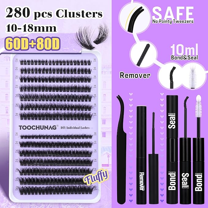 TOOCHUNAG Fluff Lash Extension Kit Thick Eyelash Extension Kit 60D+80D Wispy Lash Clusters Individual Lashes Kit with Lash Bond and Seal, Lash Remover, Eyelashes Tweezers (280Pcs,10-18mm)