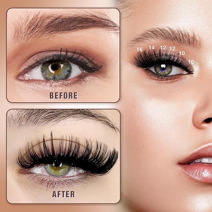 Lash Clusters Kit, DIY Cluster Eyelash Extensions 9‑16mm, 60D+80D+100D, 224pcs Fluffy D Curl Natural Lashes with Bond & Seal,Tweezers–Fake Cat Eye Individual Clusters