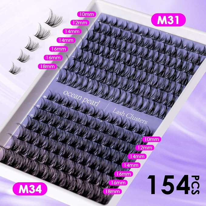 Ocean Pearl Lash Clusters Kit 154pcs,Eyelashes,spike-effect cluster lashes,10-18mm manga/anime-inspired lashes clusters,DIY Cluster Eyelash Extensions kit with lash bond+seal+remover+tweezers-M31+M34