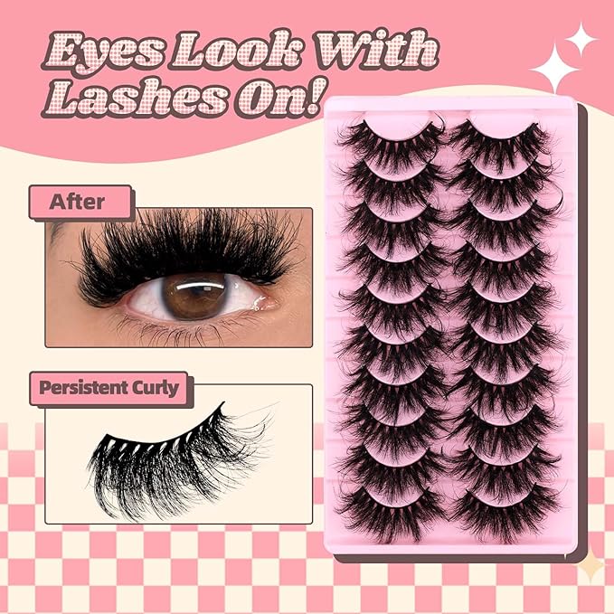 FADVAN False Eyelashes Faux Mink Lashes 6D Volume Full Cat Eye Long Dramatic Strip Lashes That Look Like Extensions Thick Cat Eye False Eyelashes Pack 10 Pairs-D02