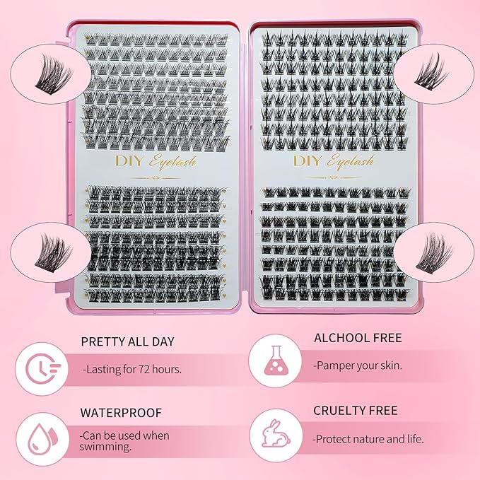 DIY Lash Clusters Kit Lash Extension Kit, 384pcs, D Curl, Natural Volume Lash Extensions Wispy Eyelash Clusters Individual Lashes Kit Faux mink fiber, 13#Black