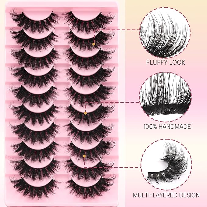 Ahrikiss Lashes Fluffy Cat Eye Lashes 5D Volume False Eyelashes That Look Like Extensions 10 Pairs Soft Wispy Fake Eyelashes Faux Mink Lashes (D18)
