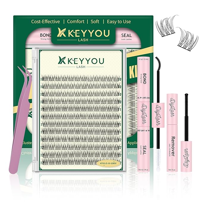 KEYYOULASH Lash Clusters Kit 144pcs 10-12MIX Lash Extension Kit Natural&Wispy Lash Clusters with Bond and Seal,Remover,Applicators for DIY Eyelash Clusters at Home (KY10 Kit)