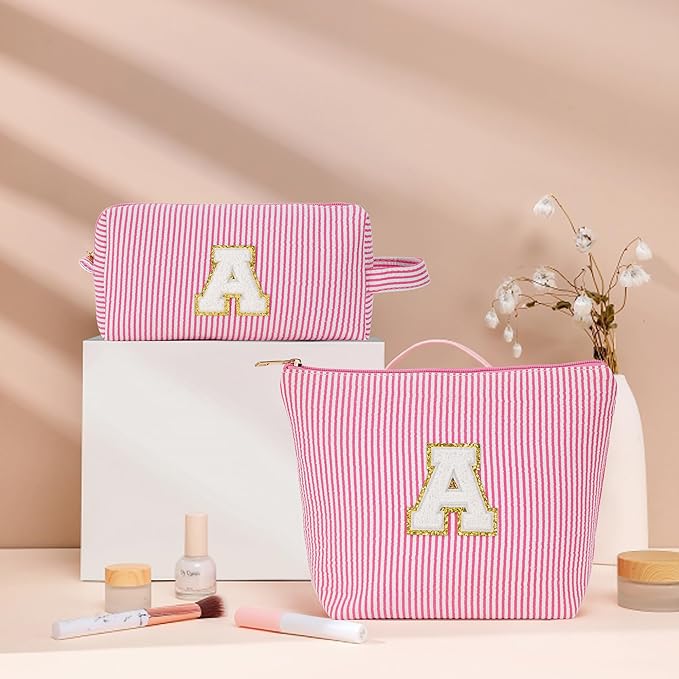 Initial Makeup Bag Set - Cute Pink Stuff for Women, Makeup Pouch Cosmetic Bag, Travel Essentials Toiletry Bag, Birthday Christmas Gifts for Women Stocking Stuffers, Pink Letter E