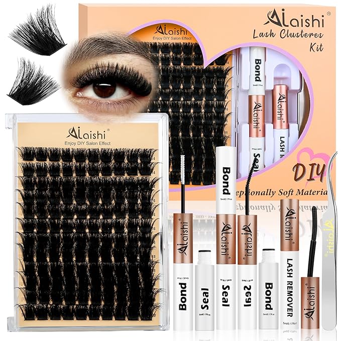 Lash Clusters Kit, DIY Cluster Eyelash Extensions 14‑20mm, 200D, 120pcs Fluffy D Curl Natural Lashes with Bond & Seal,Remover,Tweezers – Fake Cat Eye Individual Clusters