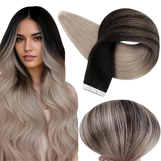 Full Shine Balayage Tape in Hair Extensions Real Human Hair Color 1B Off Black Ombre 18 Ash Blonde Seamless Skin Weft Tape ins Human Hair Extensions 18Inch Remy Hair 50G 20Pcs Straight for Women