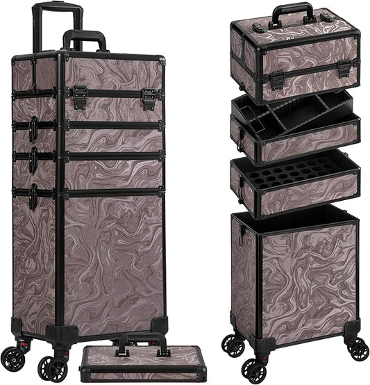 Profesional Rolling Makeup Train Case with Lid, 5 in 1 Cosmetology Case on Wheels, Large Cosmetic Trolley Organizer Travel for Hairstylist Artist Nail Beauty Salon Barber, Brown Ink