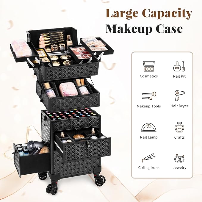 AROUS Rolling Makeup Train Case with 3 Drawers, Cosmetology Case on Wheels Nail Trolley Cart Salon Station Organizer Cases for Nail Tech, Face Painting,Hairstylist, Makeup Artist, Black