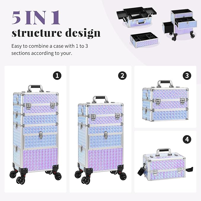 AROUS Rolling Makeup Train Case with 3 Drawers, Cosmetology Case on Wheels Nail Trolley Cart Salon Station Organizer Cases for Nail Tech, Face Painting,Hairstylist, Makeup Artist, Silver