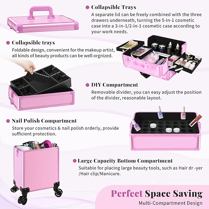 Profesional Rolling Makeup Train Case with Lid, 5 in 1 Cosmetology Case on Wheels, Large Cosmetic Trolley Organizer Travel for Hairstylist Artist Nail Beauty Salon Barber, Pink