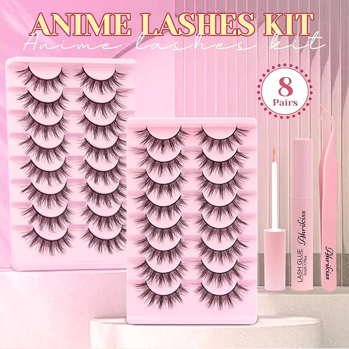 Ahrikiss Lashes Manga Lashes Anime Wispy False Eyelashes 8 Pairs Faux Mink Lashes Kit with Lash Glue and Lash Tweezers Soft Fluffy Fake Eyelashes Natural Look (Princess Kit)