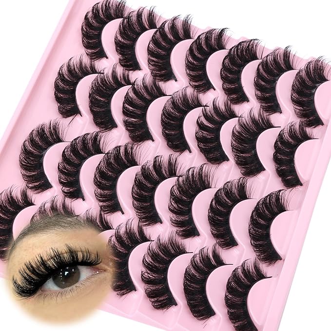 False Eyelashes Volume Russian Strip Lashes D-Curly Cat Eye Lashes Natural Fake Eyelashes Extension Handmade Soft Reusable 14 Pairs Wispy Lashes Pack