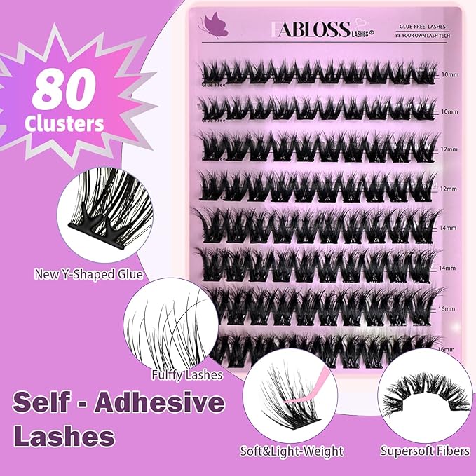 Self Adhesive Eyelashes 80Pcs Self Adhesive Lash Clusters Press On Lashes No Glue Needed Pre-Glued Glueless Lashes Clusters No Remover No Residue with Tweezers（Thick-Volume）