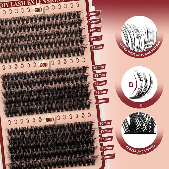 Higu clace Lash Clusters 600pcs 30D+40D+50D+60D+80D+100D Eyelash Clusters 6 Styles Mixed 10-18MM, Wispy Cluster Eyelash Extensions, Easy to Use, Can DIY at Home