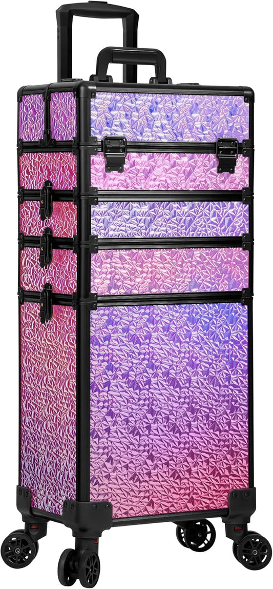 Profesional Rolling Makeup Train Case with Lid, 5 in 1 Cosmetology Case on Wheels, Large Cosmetic Trolley Organizer Travel for Hairstylist Artist Nail Beauty Salon Barber, Gravel Pink