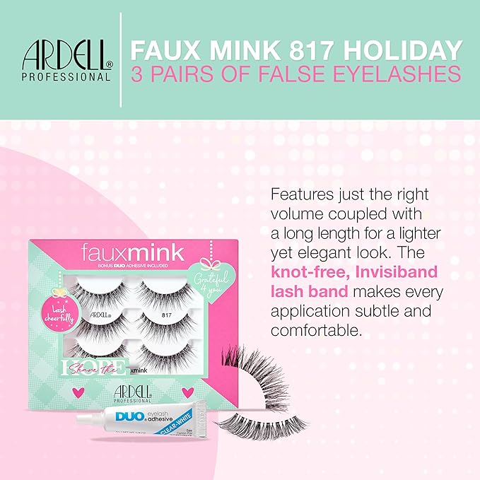 Ardell Faux Mink Lashes Holiday Lash Set 817 – 3 Pairs of Natural Look False Eyelashes with Bonus Duo Adhesive, Soft Wispy Lashes, Lightweight Lash Strip Gift Set