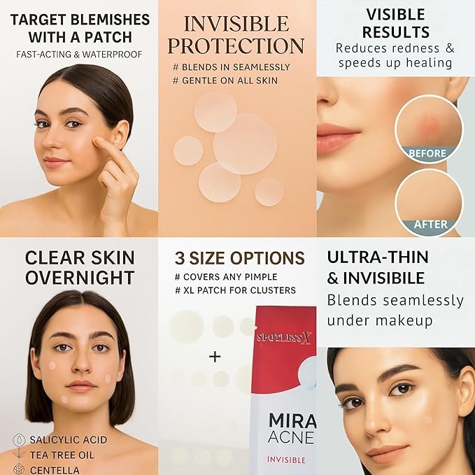 Overnight Hydrocolloid Miracle Patch, Invisible Pimple Patches Zit Stickers for Face & Body, Fast-Acting Acne Treatment with Salicylic Acid & Tea Tree Oil, Waterproof, Hypoallergenic, 96 Pcs, 3 Sizes.