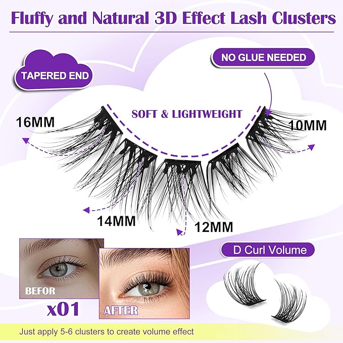 JoMay Self Adhesive Eyelashes, Press on Lashes No Glue Needed, Glueless Lashes Pre-Glued Natural Cluster Extension Kit D Curl For Beginners, No Sticky Residue 1 Step DIY 48PCS 10-16mm X01