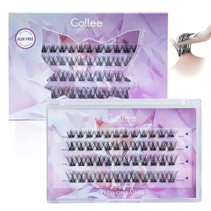 Gollee Self Adhesive Eyelashes 10-16mm | No Glue Needed Pre-Glued Lash Clusters | 48 Clusters Wispy Natural Look | Reusable Beginner Friendly No Residue