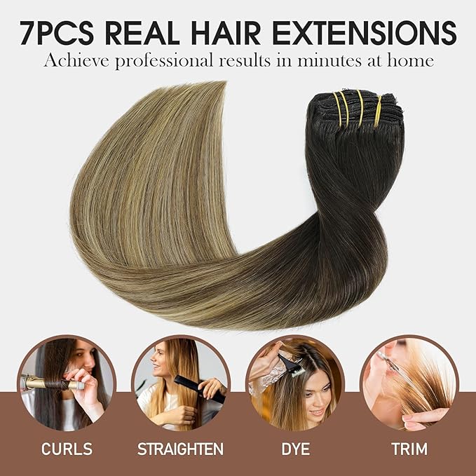 VINBAO Hair Extensions Clip in Human Hair, Balayage Natural Human Hair, 20inch 160g 7Pcs, 1B/4/27 Natural Black Ombre Brown to Light Blonde, Clip in Hair Extensions (#HC1B427,20'')