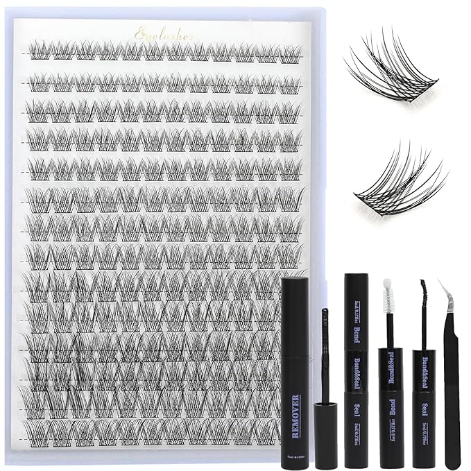 Lash Clusters Kit, Eyelash Clusters Individual Lash Extension Kit D Curl Fluffy Wispy False Eyelashes Extensions Thin Band with Bond Seal Tweezers Brush (SMY08-KIT)