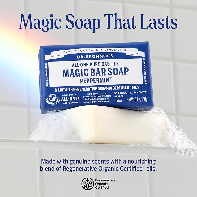 Dr. Bronner's Pure-Castile Magic Bar Soap (Peppermint, 5oz, 12-Pack) – Made with Regenerative Organic Certified Oils, Soap Bars for Men & Women, Vegan, Cruelty-Free, Non-GMO