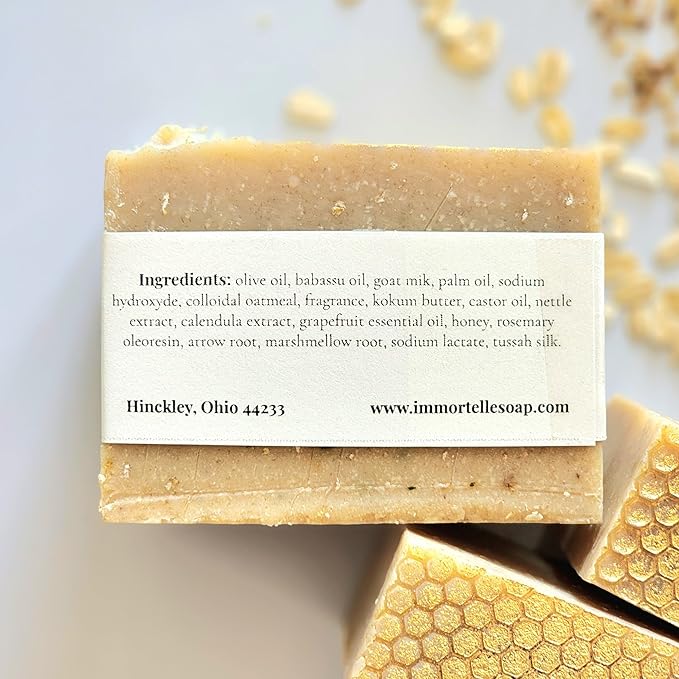 Honeyd Oats body soap bar, goatmilk, bee pollen & honey, 5oz, Coconut-free, fragrance free, calendula & nettle extracts, colloidal oatmeal (Cool citrus basil)