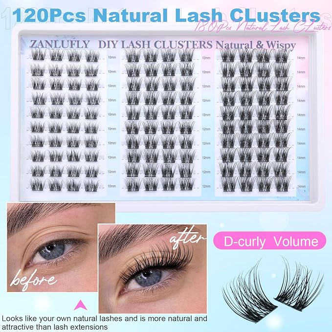 Lash Clusters Natural Eyelash Clusters D-Curly Cluster Lashes zanlufly Wispy Individual Lashes Cluster Eyelash Extension 10 12 14MM DIY Lash Extension