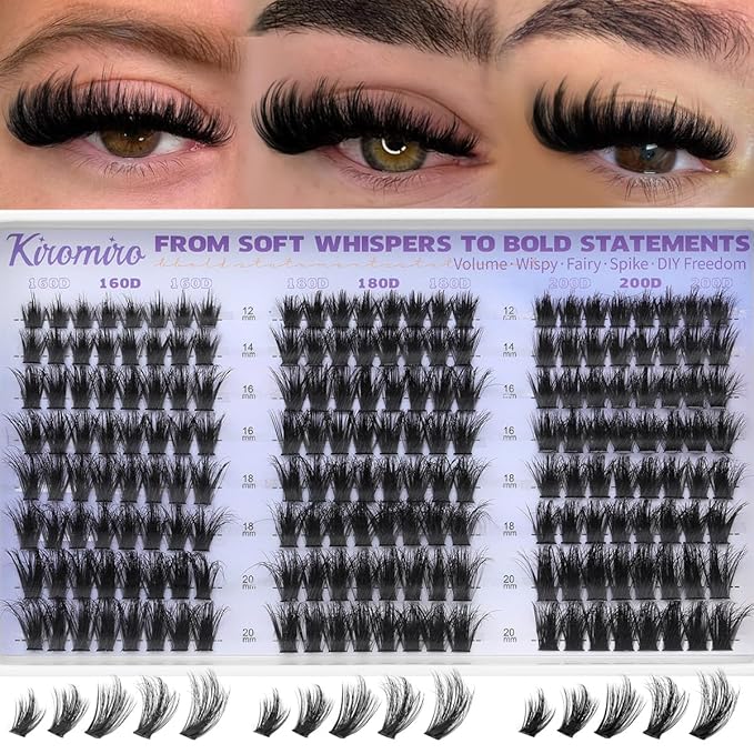 Kiromiro Lash Clusters with Spikes Cluster Eyelash Extensions 12-20mm Fluffy Eyelash Clusters 160D/180D/200D Mixed DIY Cluster Lash Extensions 192pcs Wispy Cluster Eyelashes
