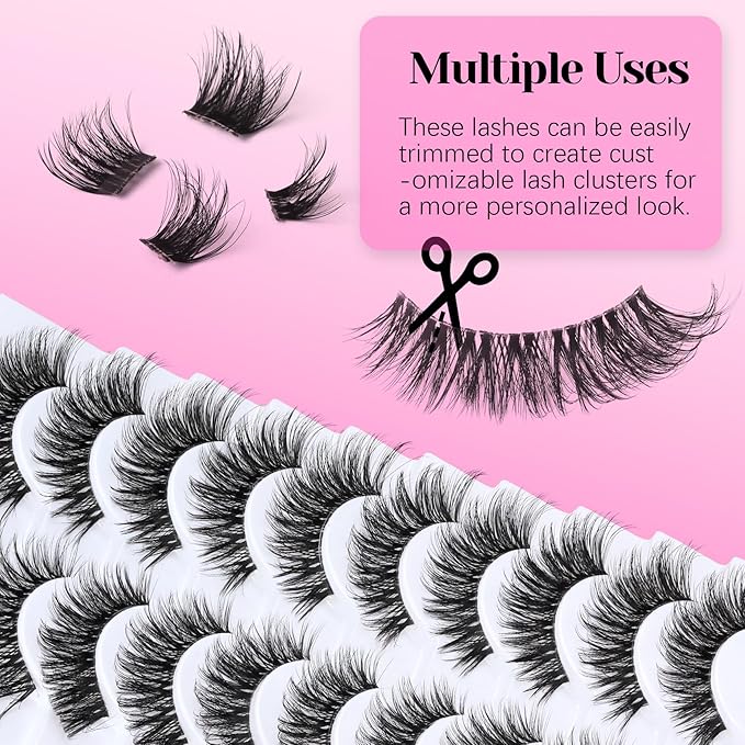 Veleasha Cat Eye Lashes Fluffy False Eyelashes with Clear Band Volume Eyelashes Looks Like Lash Extensions CC Curl Soft Fake Lashes Strips Lashes 10 Pairs Pack (Dreamy Fluff)