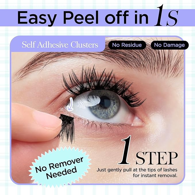 Self Adhesive Eyelashes, Winkgiggle Self Adhesive Lash Clusters, 60pcs No Glue Needed Reusable Pre-Glued Eyelashes No Remover No Residue for Beginners(N163)
