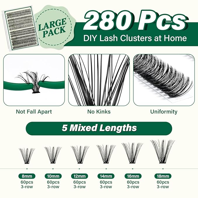 KEYYOU Lash Extension Kit DIY 300Pcs Lash Clusters Eyelash Extension Kit Lash Clusters Kit with Lash Glue Remover Applicator Easy to Use for Beginners(Kit,30D40D50D-D,8-16MIX)