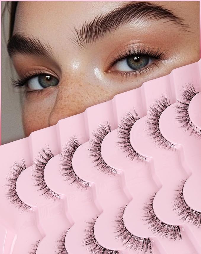 Cat Eye Lashes Wispy 12MM Eyelashes Natural Look C Curl Lash Strips with 0.1MM Clear Band 3D Volume False Lashes Pack ChirpyLuna Fake Eyelashes 7 Pair