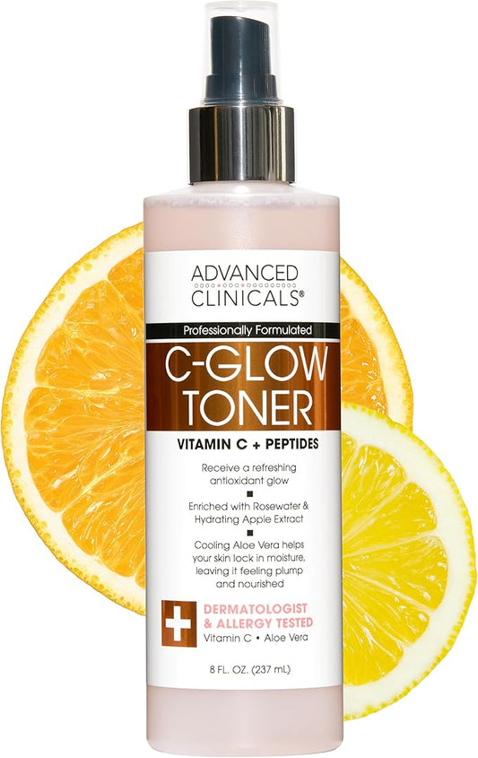 Advanced Clinicals Vitamin C Glow Facial Mist Toner for Face W/Rosewater, Ferulic Acid, & Peptides. Vitamin C Antioxidant Moisturizer Face Mist Provides Instant Skin Hydration, Non-Greasy, 8 Fl Oz