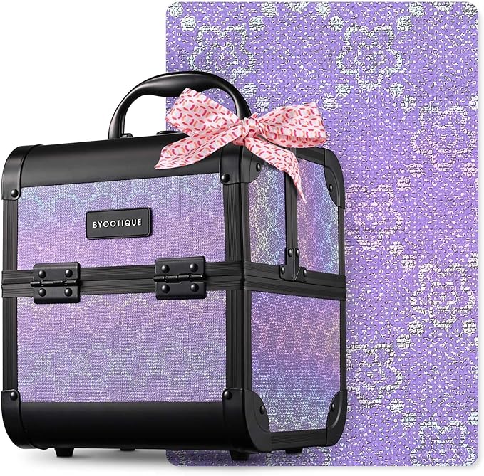 BYOOTIQUE Makeup Train Case with Mirror Small Cosmetic Bag for Travel 2-Tier Trays Jewelry Organizer Box Lash Storage for Nail Artist Manicurist Beauty Salon,Charm ForgetMeNot