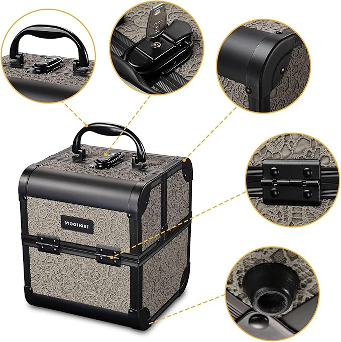 BYOOTIQUE Makeup Box Organizer with Mirror 2-Tier Trays Hairdressing Case Lash Storage Box for Manicurist Nail Tech Travel Beauty Salon Hairstylist,Rococo GainsBoro