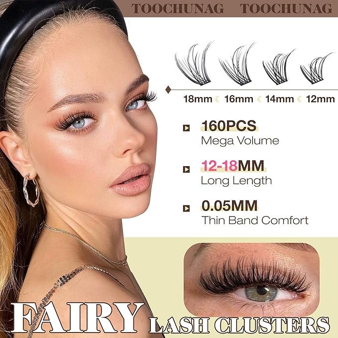 TOOCHUNAG 12-18mm Eyelash Clusters Wispy Lash Clusters 160pcs Fairy Cluster Eyelash Extensions Curly Individual Lashes Extension Long Thin Band False Eyelashes Clusters