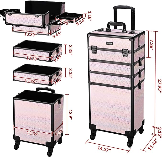 BYOOTIQUE Barber Case False Eyelash Storage Rolling Makeup Cart on Wheels Hairdressing Brush Bags Barber Suitcase for Wedding Beautician Manicurist Hairstylist,Blush ForgetMeNot