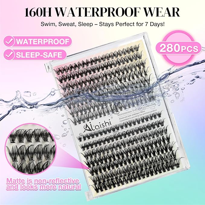 Lash Clusters Kit, DIY Cluster Eyelash Extensions 9‑16mm, 30D+40D, 280pcs Fluffy D Curl Natural Lashes with Lash Bond and Seal, Tweezers–Waterproof Fake Cat Eye Wispy Individual Clusters(16MIX1-1-S)