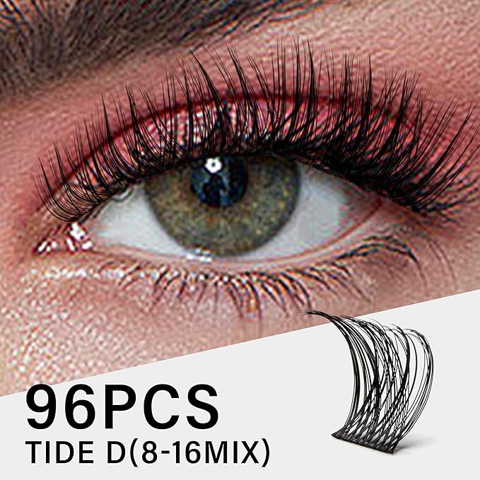 Lash Clusters 8-16mm, False Eyelashes 96pcs, Cluster Eyelash Extensions Matte Black Soft, Diy Lash Extensions D Curl Natural Lash Clusters Faux Mink Lashes Wispy（Tide,96pcs,0.07,D,8-16MIX)