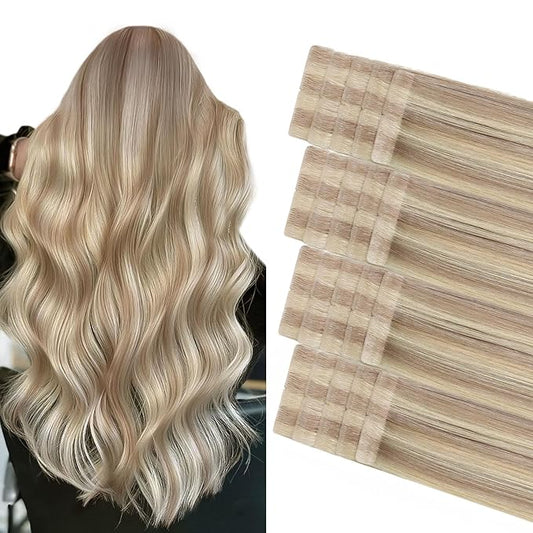 COOKAYU Invisible Tape in Hair, Ash Blonde and Platinum Blonde Seamless Injected Tape in Human Hair Extensions 20pcs/pack 20Inch 45g Invisi Edge Extensions