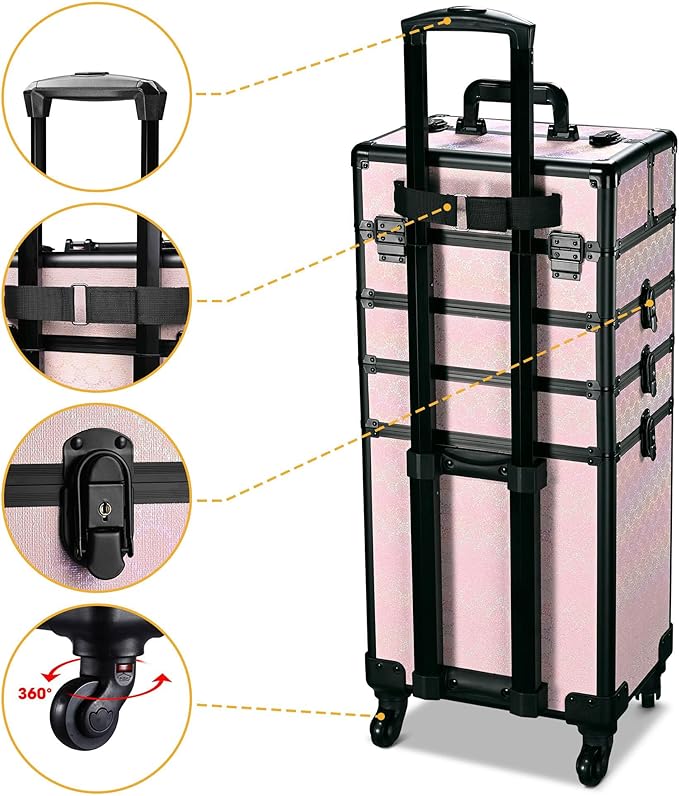 BYOOTIQUE Barber Case False Eyelash Storage Rolling Makeup Cart on Wheels Hairdressing Brush Bags Barber Suitcase for Wedding Beautician Manicurist Hairstylist,Blush ForgetMeNot