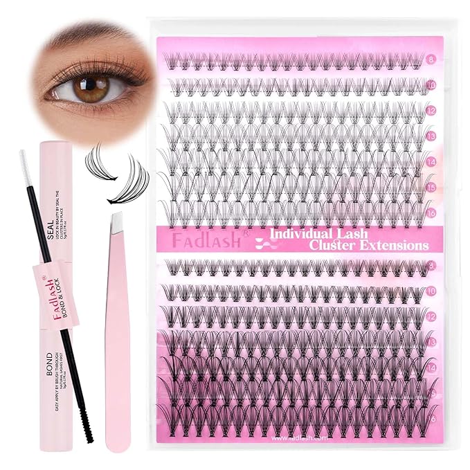 FADLASH DIY Lash Extension Kit Individual Lashes Cluster D Curl Eyelash Extension Kit with Lash Bond and Seal and Lash Applicator Tool for Self Application at Home (10D+20D-0.07D-8-16MIX KIT)