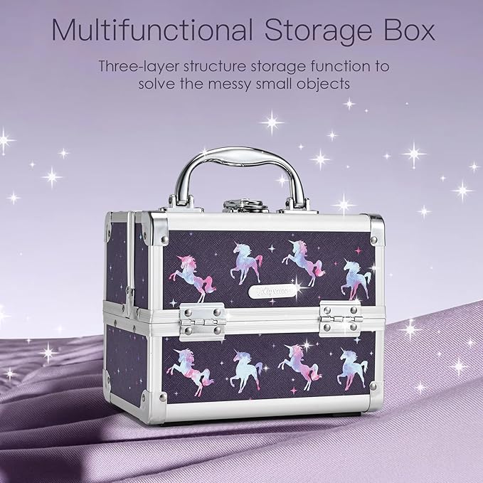 Joligrace Makeup Case for Girls Cosmetic Train Case Makeup Storage Box Jewelry Organizer Hair Accessories Lockable with Trays & Mirror Kids Gift Unicorn