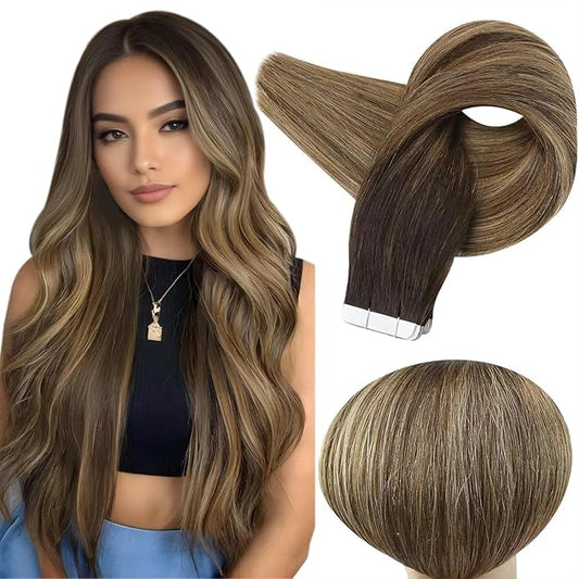 Full Shine Tape in extensions 22Inch Tape ins Human Hair extensions 50Gram Color 2 Dark Brown Ombre 27 Caramel Blonde And 3 Brown Invisible Human Hair Straight Skin Weft 20Pcs Seamless Remy Extension