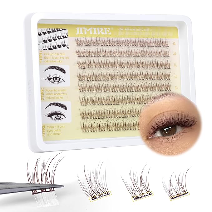 JIMIRE Brown Self-Adhesive Eyelashes Press on Lashes Clusters, Natural Look Pre-Glued Lash Clusters No Glue Needed Wispy 10-12MM Individual Lashes Brown Cluster Eyelash Extensions