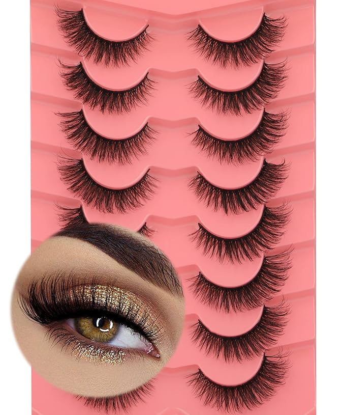 False Eyelashes Natural Mink Lashes 15mm Wispy Curly Eyelashes 5D Fluttery Volume Cat Eye Fake Lashes Pack 8 Pairs by Yawamica