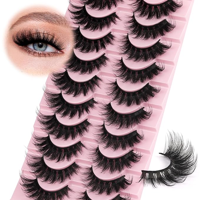 Ahrikiss Lashes Fluffy Cat Eye Lashes 5D Volume False Eyelashes That Look Like Extensions 10 Pairs Soft Wispy Fake Eyelashes Faux Mink Lashes (D18)